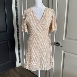 Zara Cream Sequins Beaded Holiday Party Wrap Dress Size M